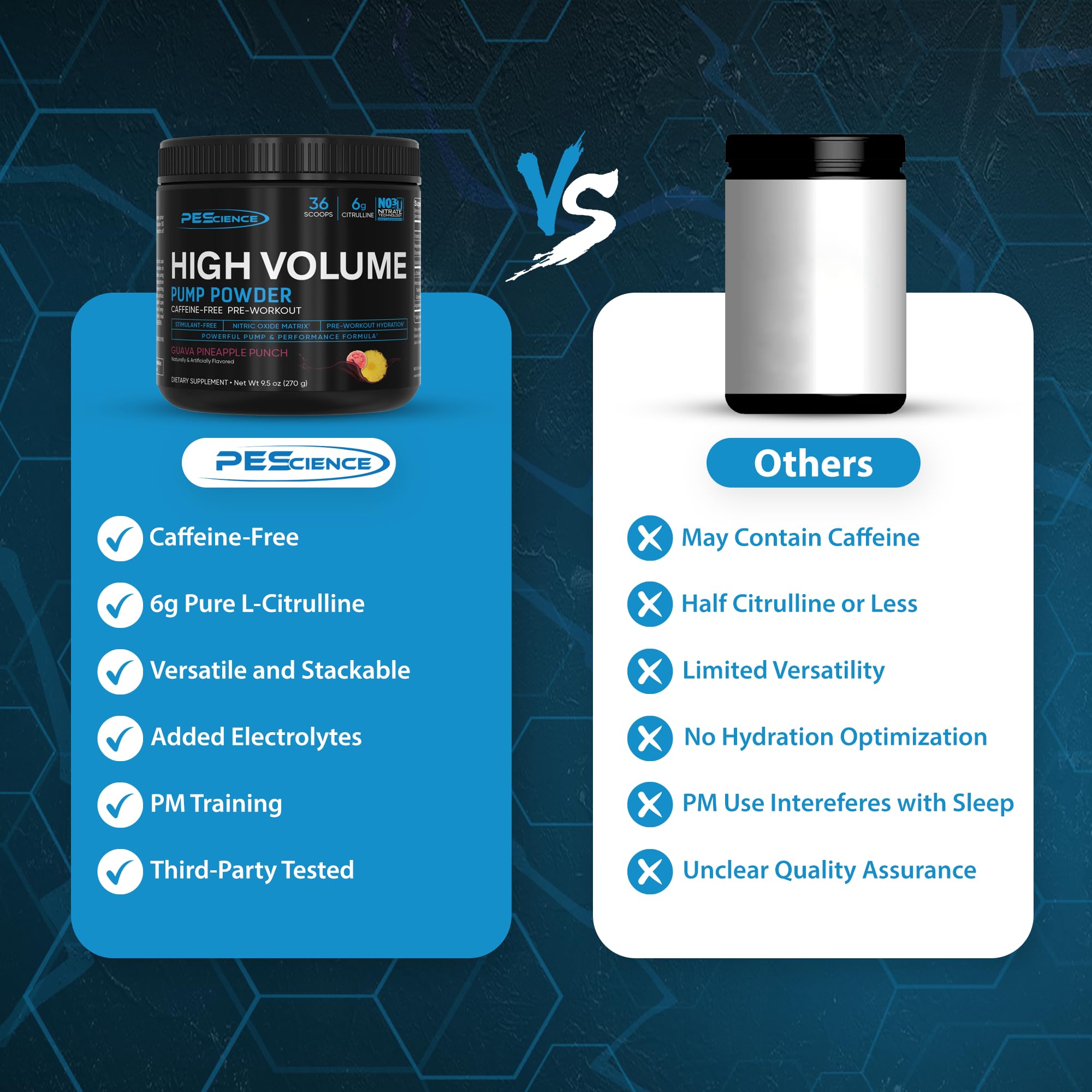 PEScience High Volume label closeup showing stimulant-free formulation details.