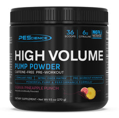 PEScience High Volume powder in a jar emphasizing steady pumps and endurance for training.