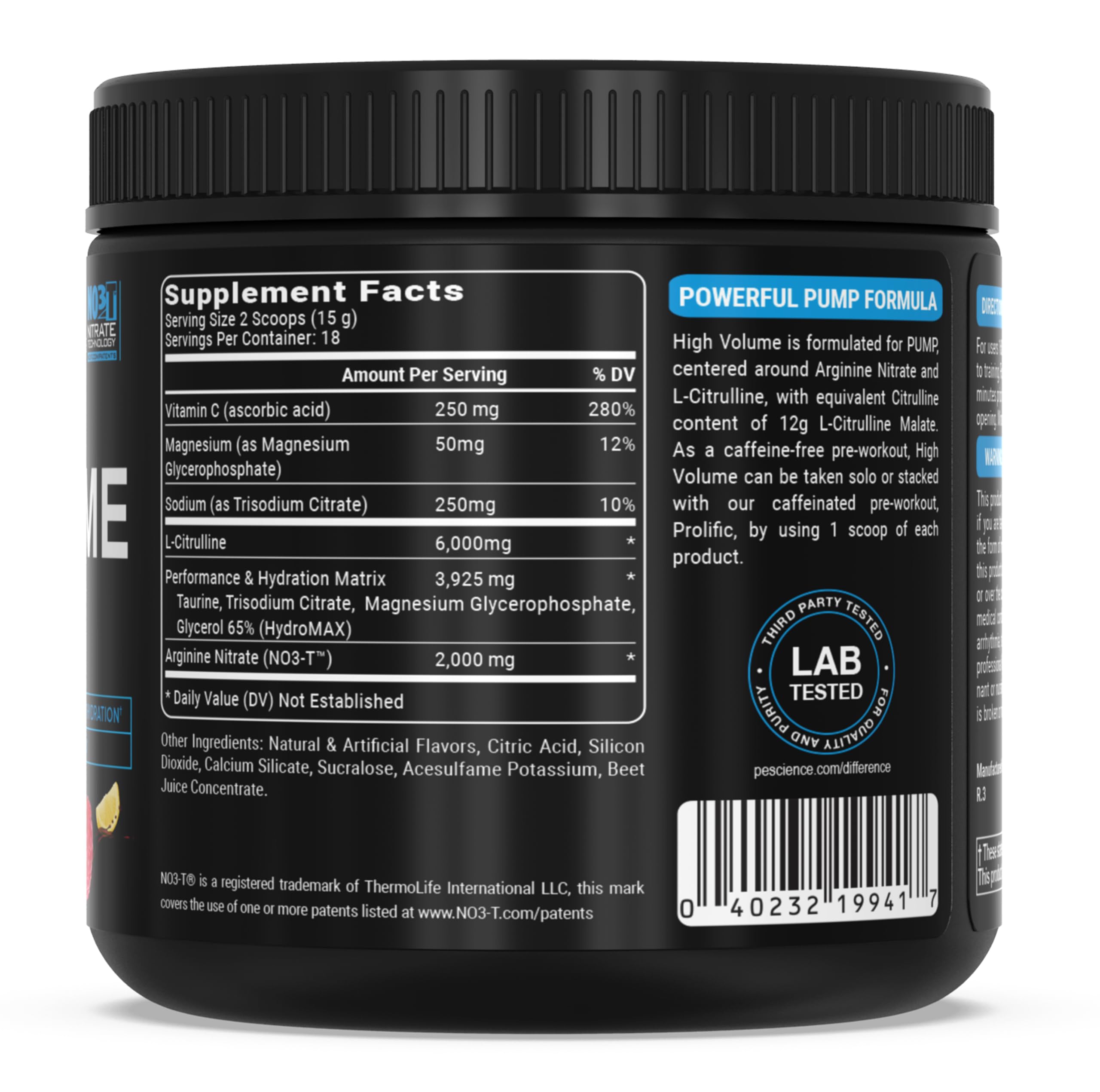 PEScience High Volume back-panel presents usage notes for safe stacking.
