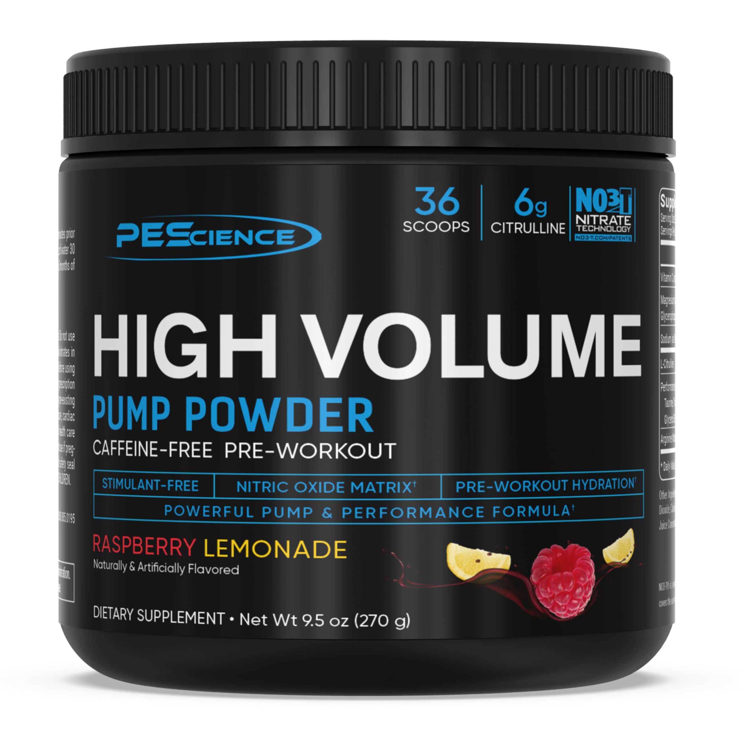 PEScience High Volume bottle shows caffeine-free pre workout for steady pumps and endurance.
