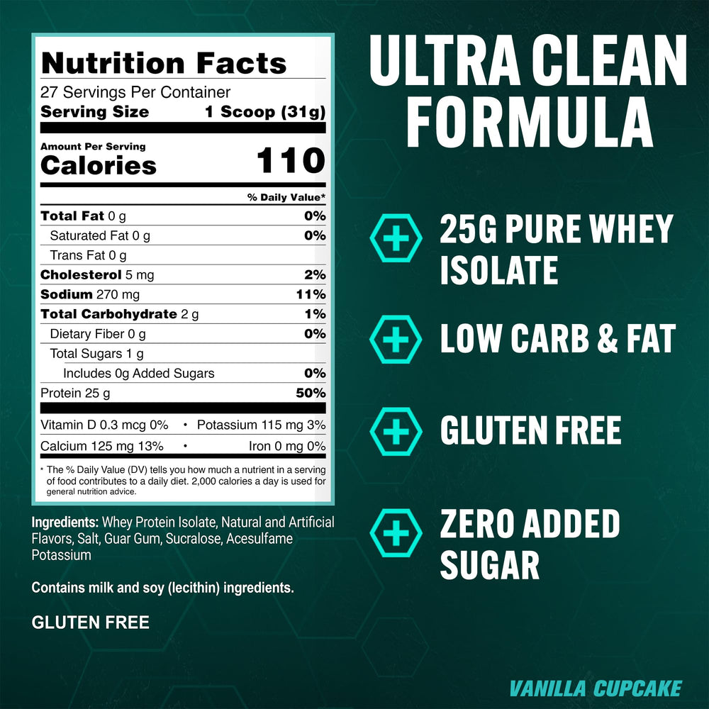PEScience Isolate vanilla cupcake powder jar highlighting lactose-free formula
