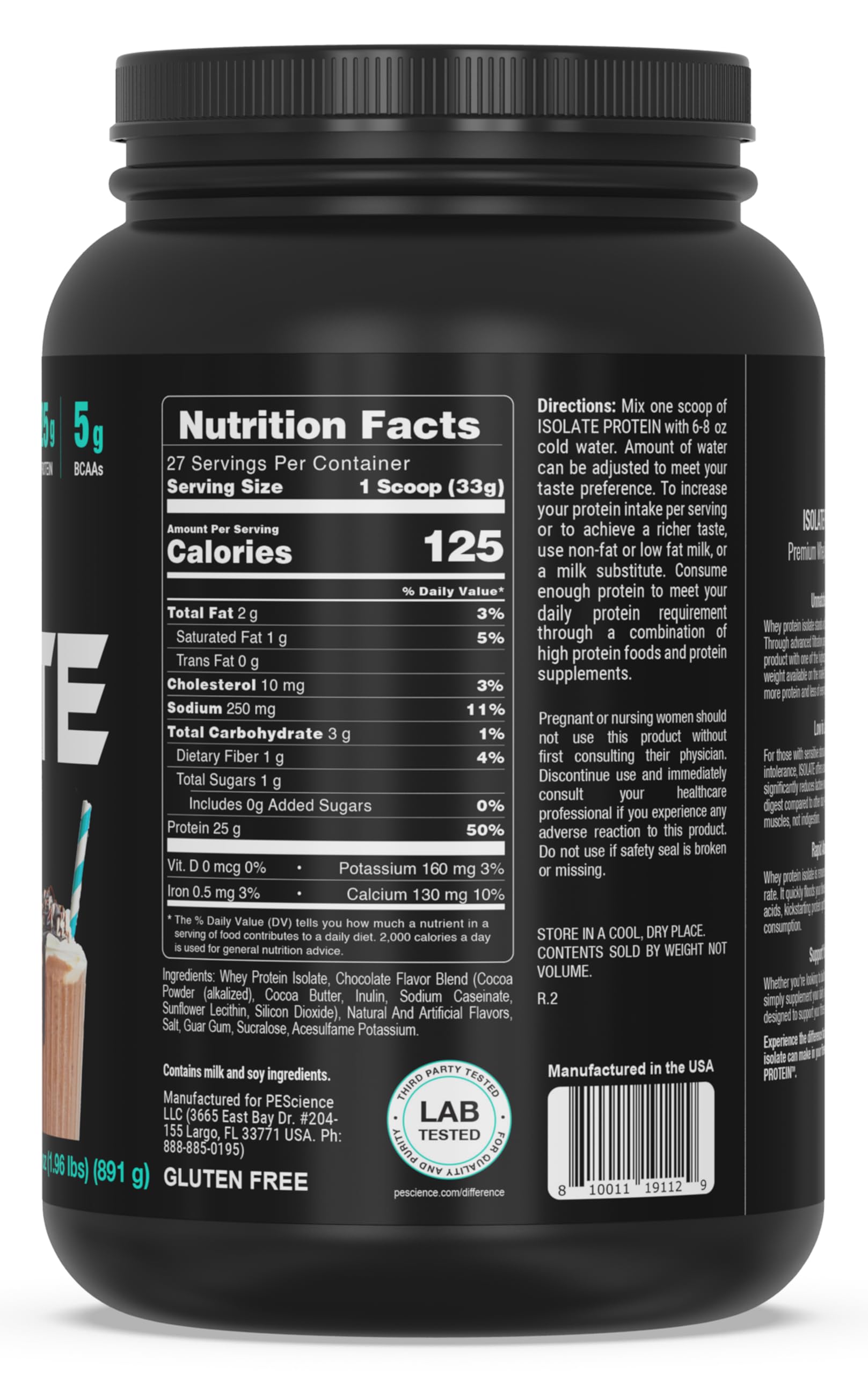 Serving scoop with nutrition label emphasizing 25 g protein per serving