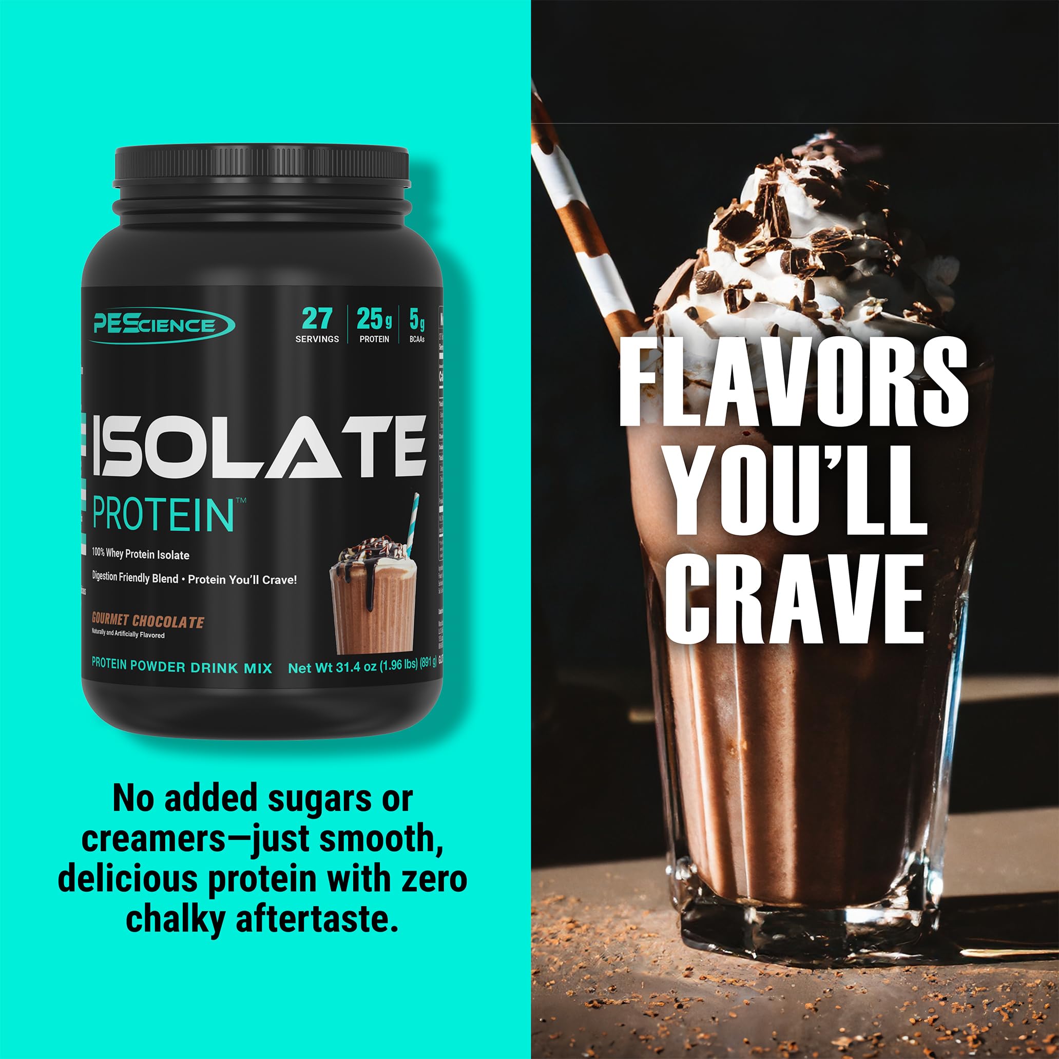 Scoop and cup of PEScience Isolate Gourmet Chocolate signaling low carb, gluten free formula