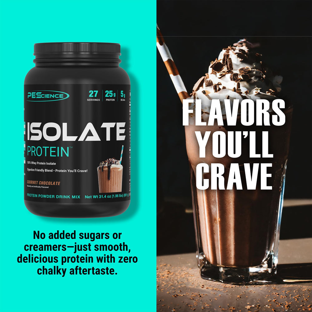 Scoop and cup of PEScience Isolate Gourmet Chocolate signaling low carb, gluten free formula
