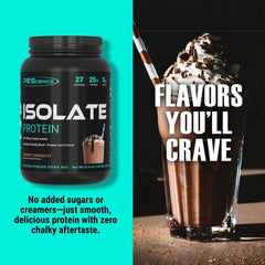 Scoop and cup of PEScience Isolate Gourmet Chocolate signaling low carb, gluten free formula