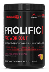PEScience Prolific-1 Guava Pineapple Punch bottle showcasing clean energy.