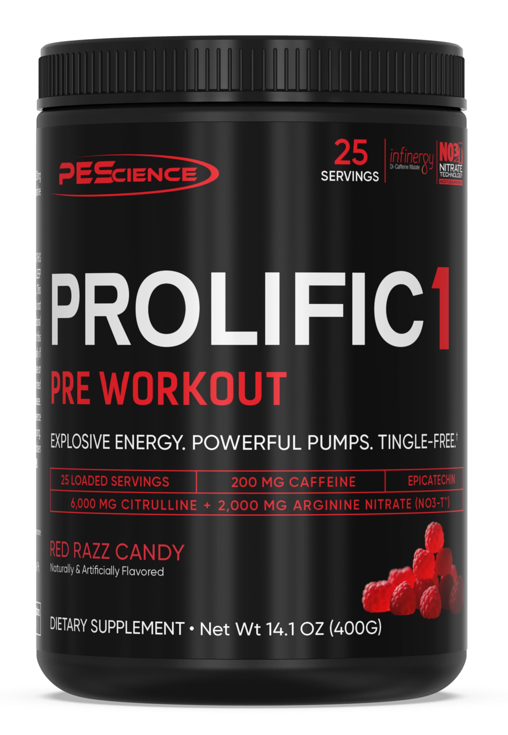 PEScience Prolific-1 tub front shows a one-scoop pre-workout for energy and focus