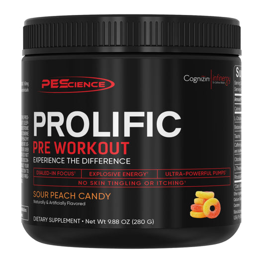 PEScience Prolific bottle front view, sleek pre-workout design