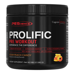 PEScience Prolific bottle front view, sleek pre-workout design