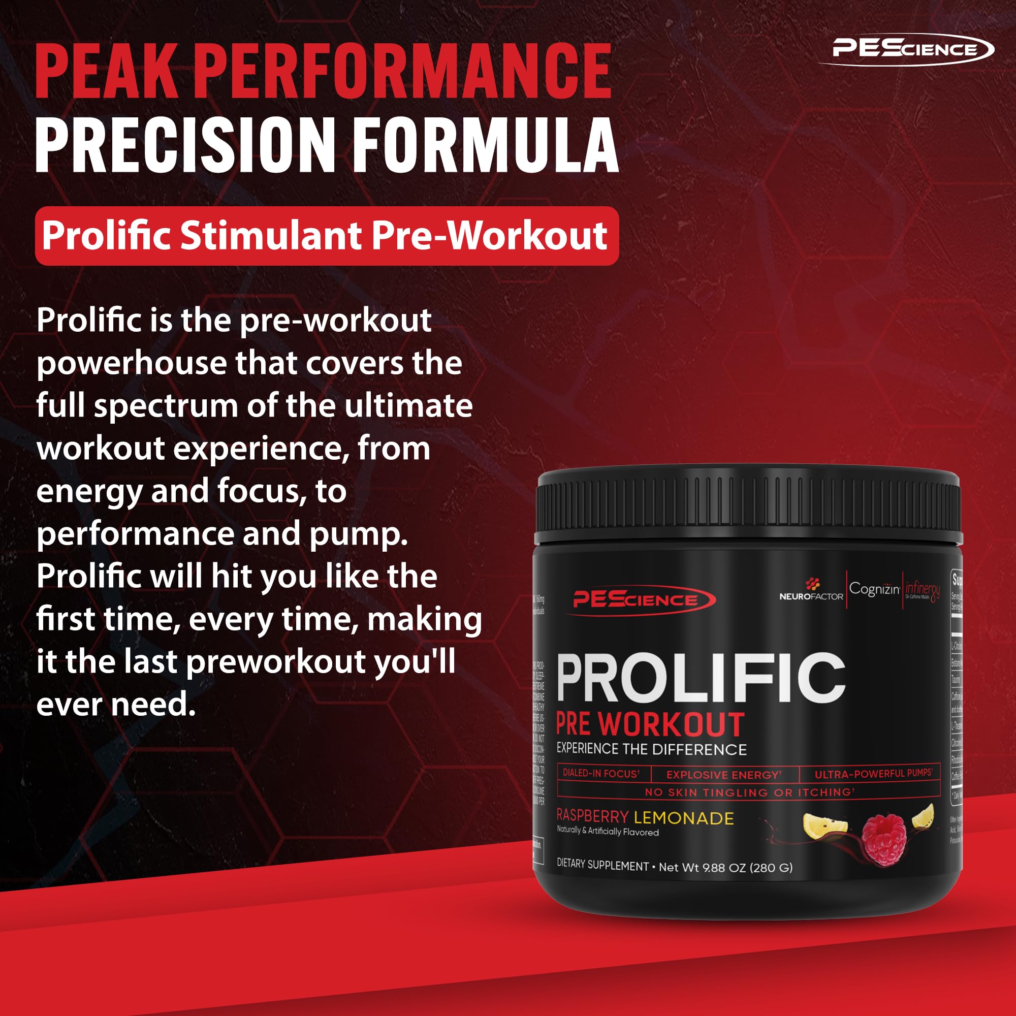 PEScience Prolific bottle label highlights no beta alanine formulation.