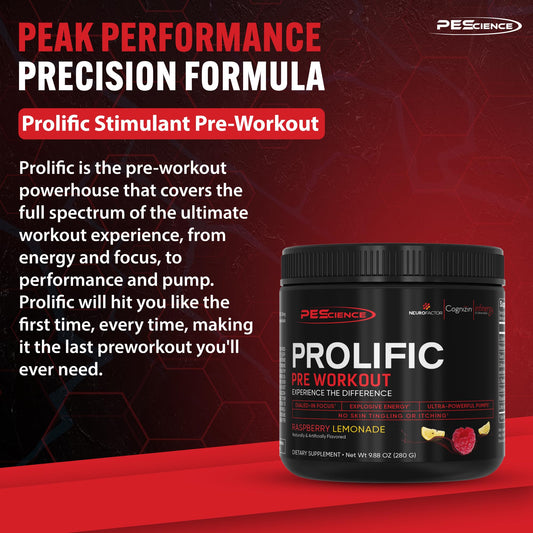 PEScience Prolific bottle label highlights no beta alanine formulation.
