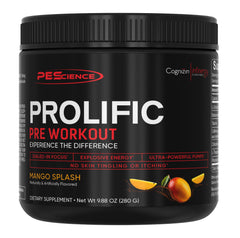 PEScience Prolific Mango Splash bottle ready for a high-energy workout session