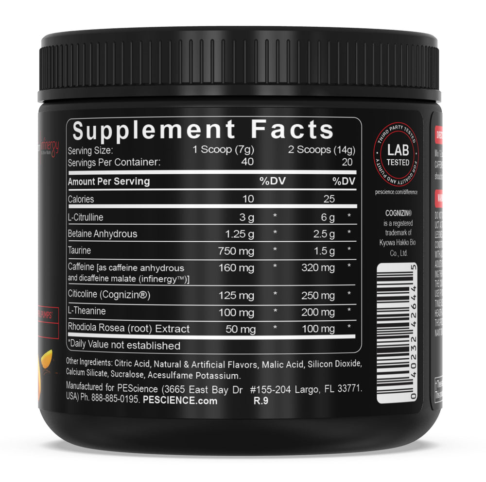 PEScience Prolific pre-workout setup for mango splash flavor