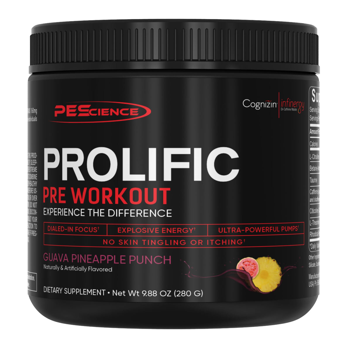 PEScience Prolific tub front view showing premium pre workout packaging for energy