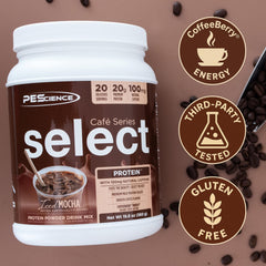 PEScience Select Cafe hot mocha mug highlights warm, satisfying protein coffee.