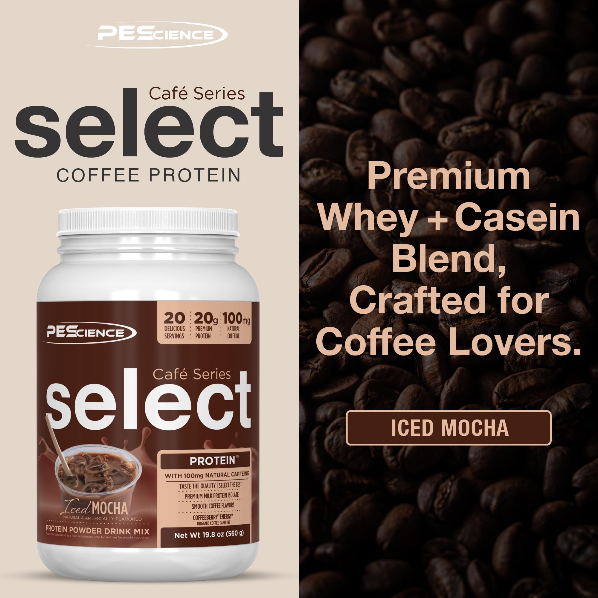 PEScience Select Cafe shake with ice demonstrates a protein-rich coffee option.