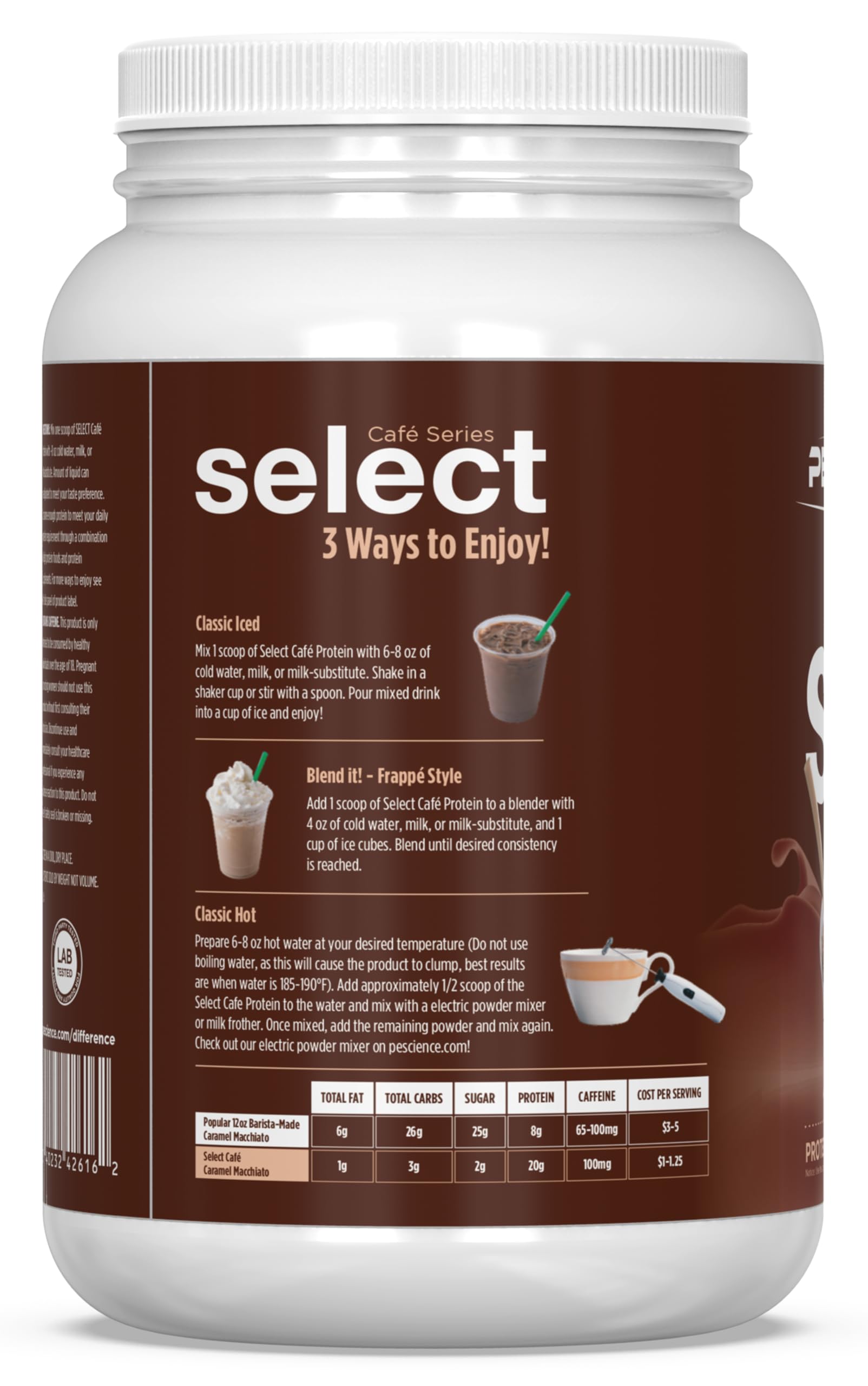 PEScience Select Cafe nutrition label communicates 20 servings and caffeine.