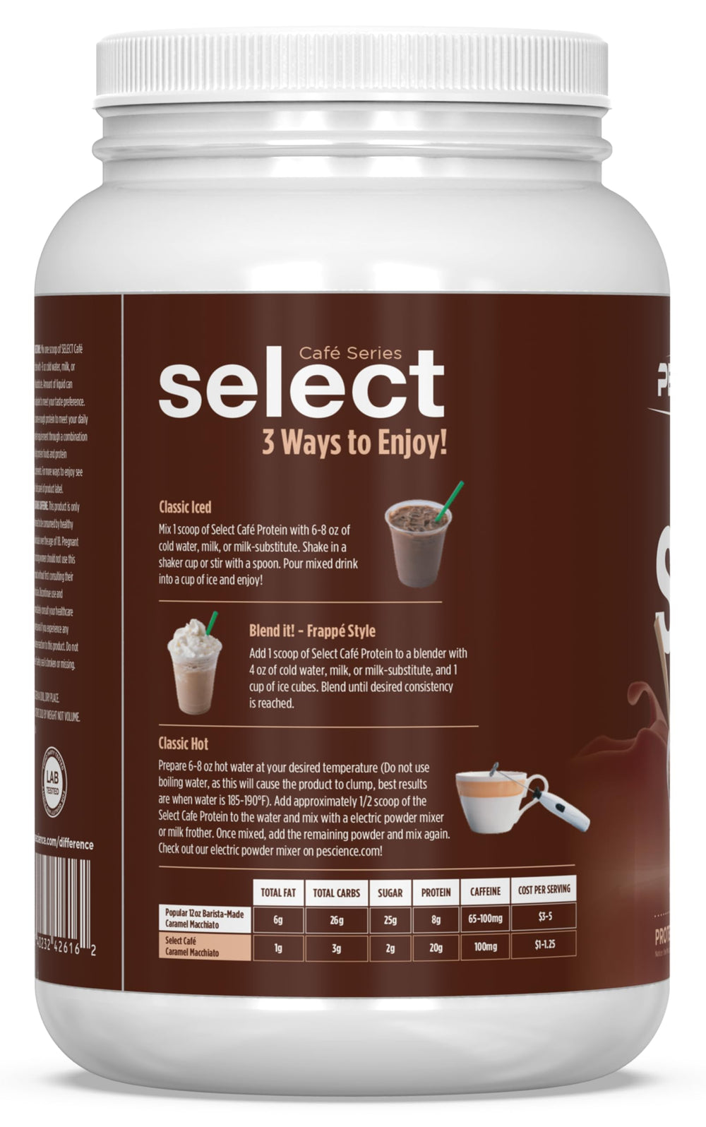 PEScience Select Cafe nutrition label communicates 20 servings and caffeine.
