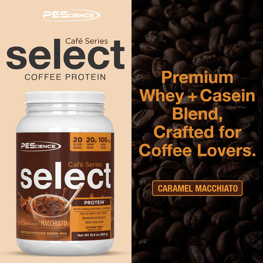 PEScience Select Cafe tub back highlighting nutrition and caffeine per scoop.