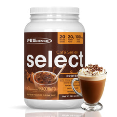 PEScience Select Cafe tub front with caramel macchiato flavor for quick protein coffee.
