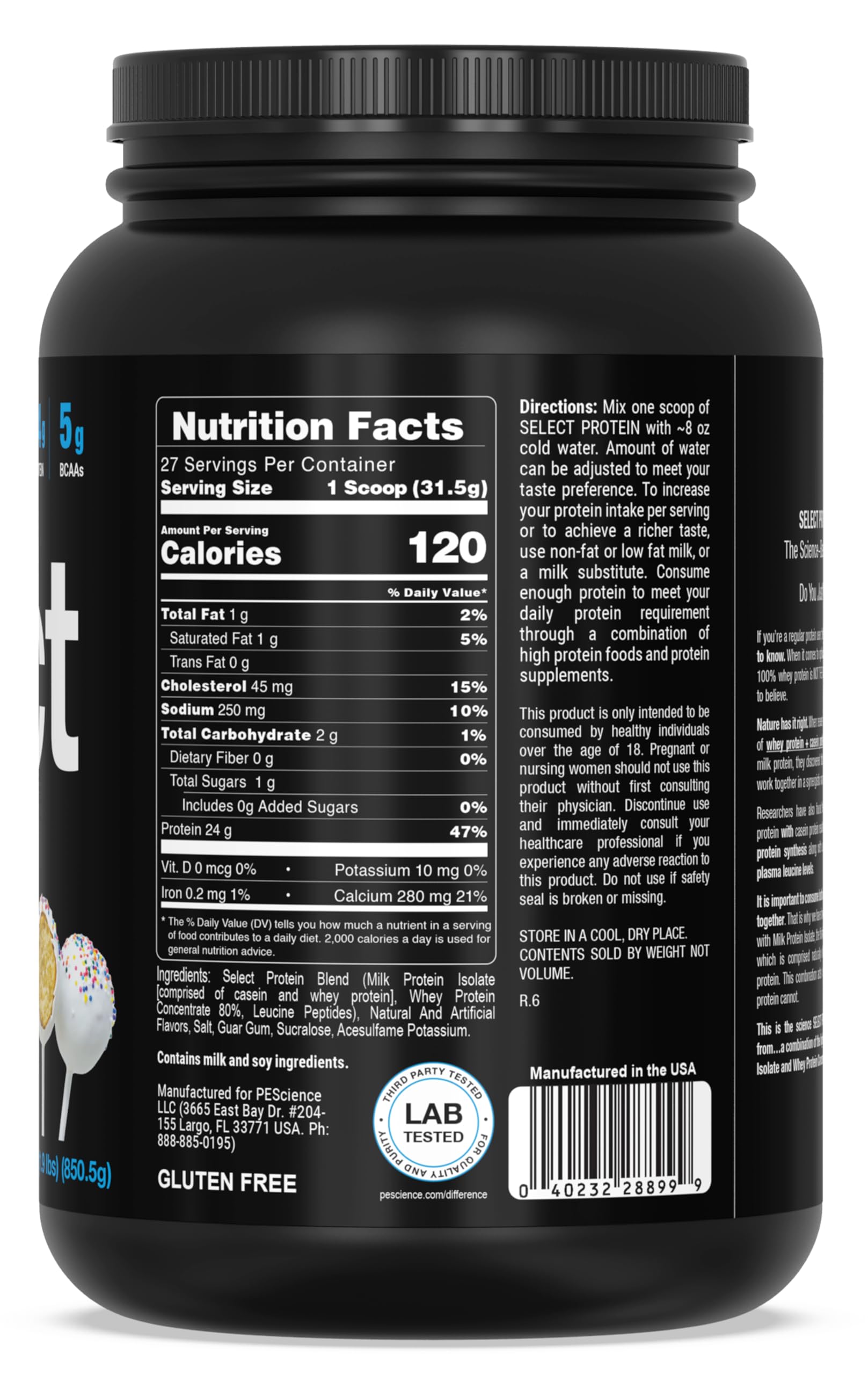 PEScience Select Cake Pop tub label close-up highlights clean, keto-friendly protein.