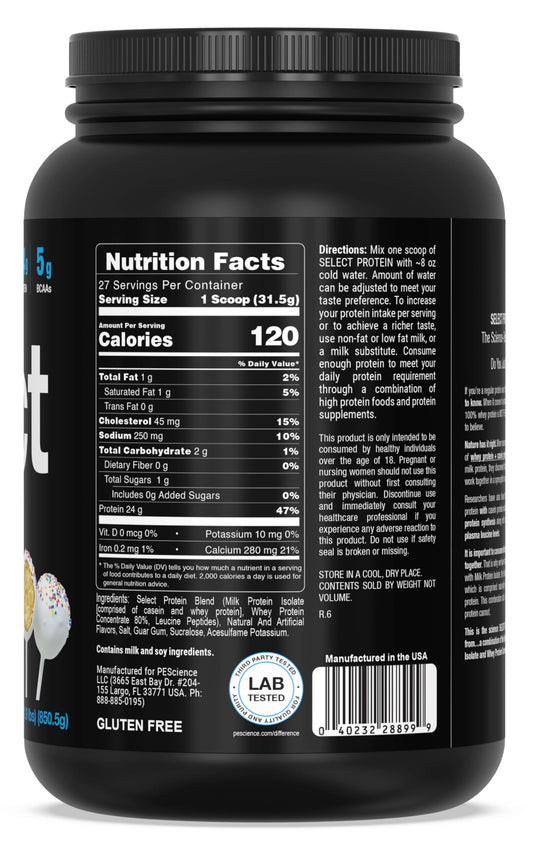 PEScience Select Cake Pop tub label close-up highlights clean, keto-friendly protein.