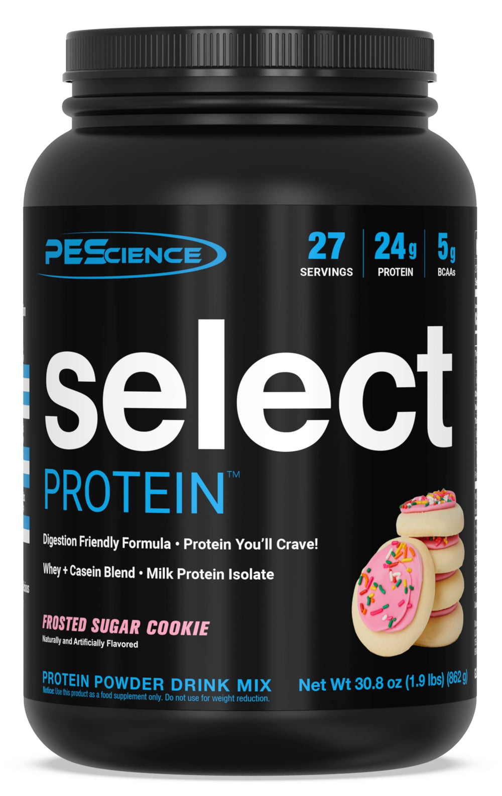 PEScience Select Protein Frosted Sugar Cookie bottle showcases a keto-friendly, low-carb protein option