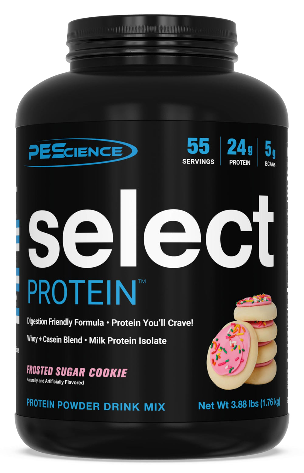 PEScience Select protein powder tub in Frosted Sugar Cookie flavor for high-protein snacking.