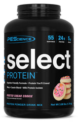 PEScience Select protein powder tub in Frosted Sugar Cookie flavor for high-protein snacking.