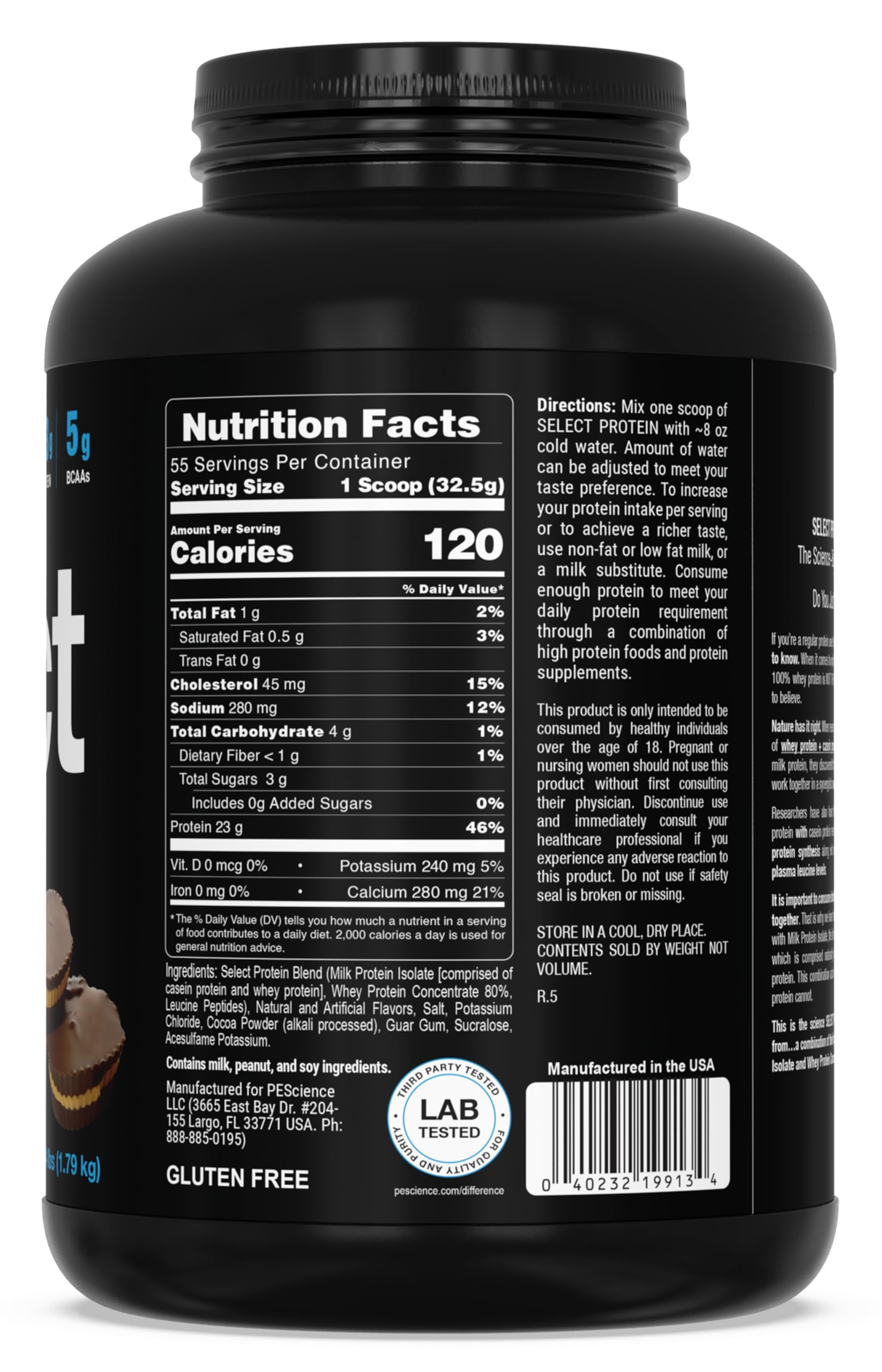 PEScience Select protein gluten-free badge on can