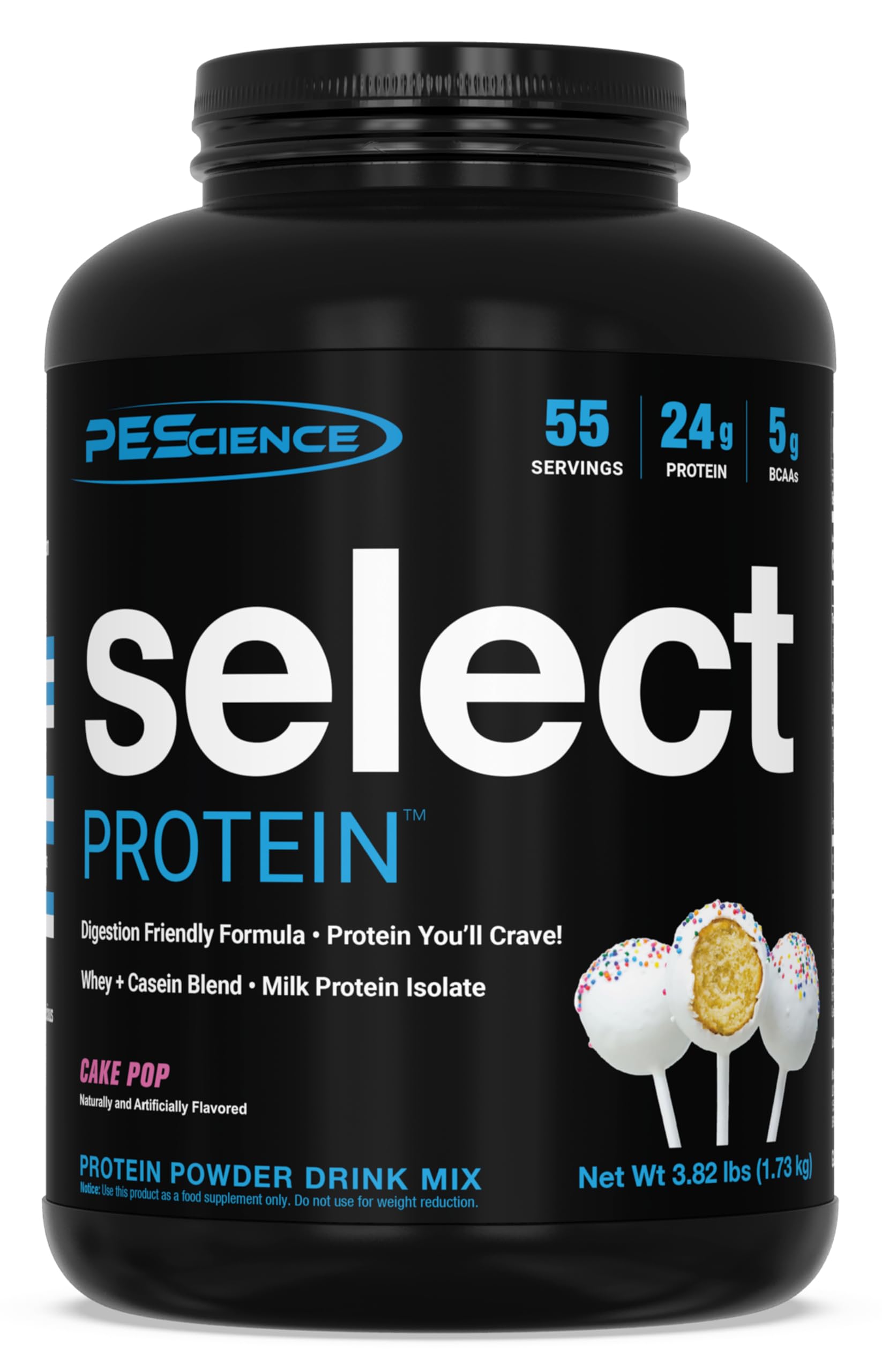PEScience Select Cake Pop protein powder tub shows premium flavor and texture for shakes
