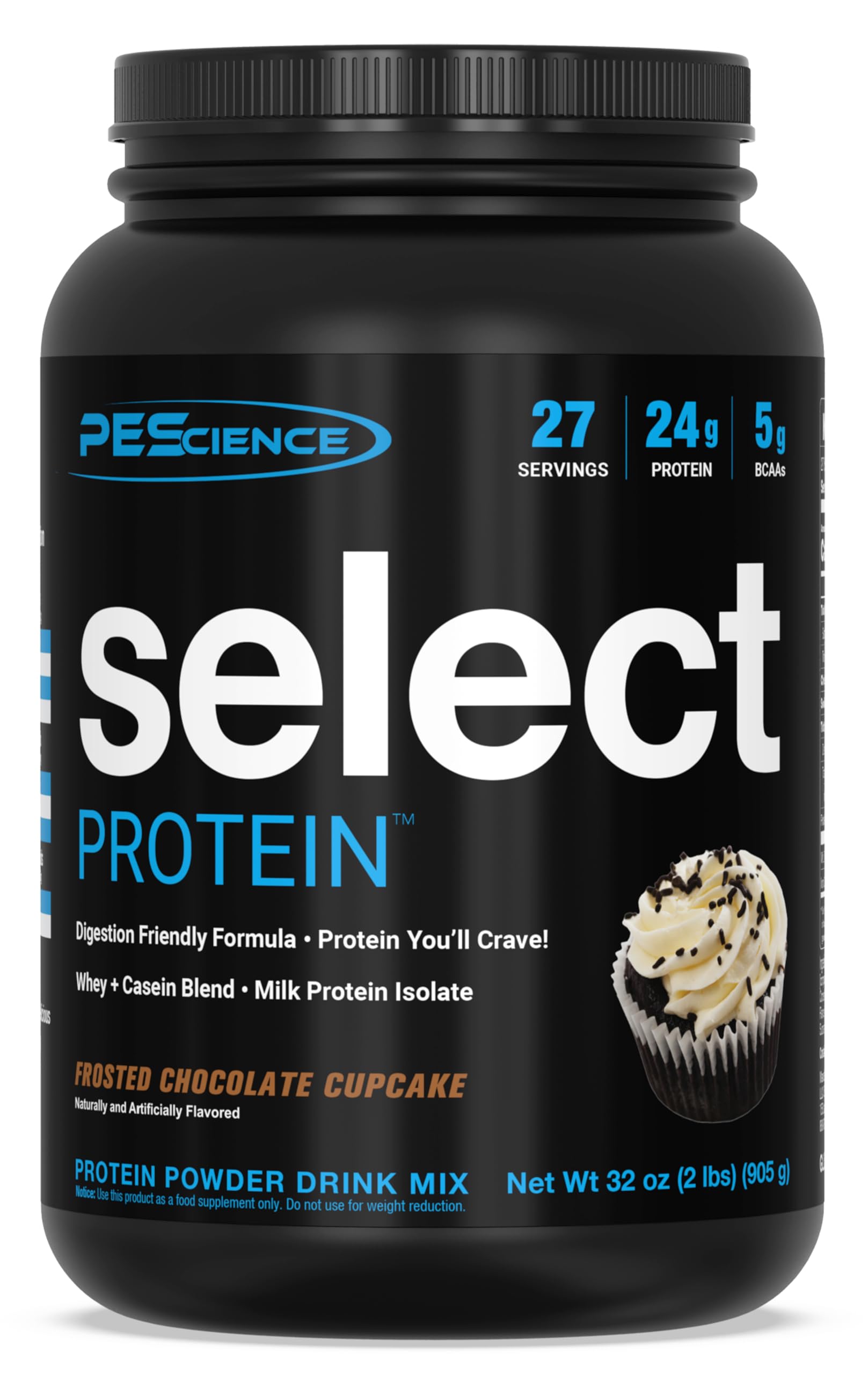 PEScience Select Protein Powder canister front showing a high-protein shake option