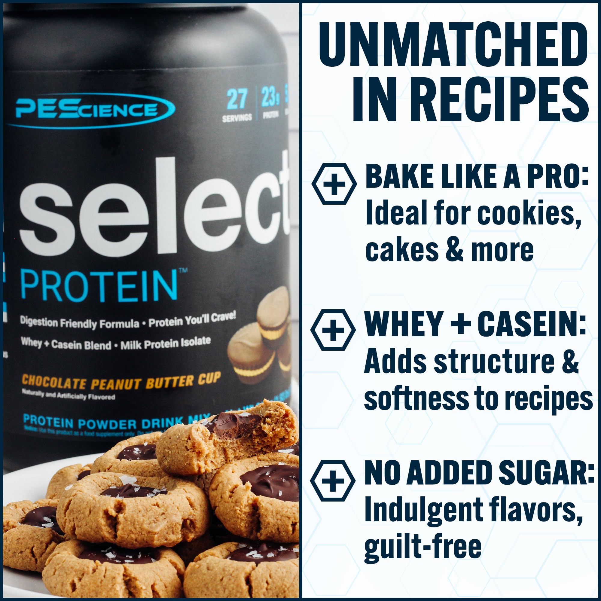 PEScience Select protein scoop dispensing, easy to measure
