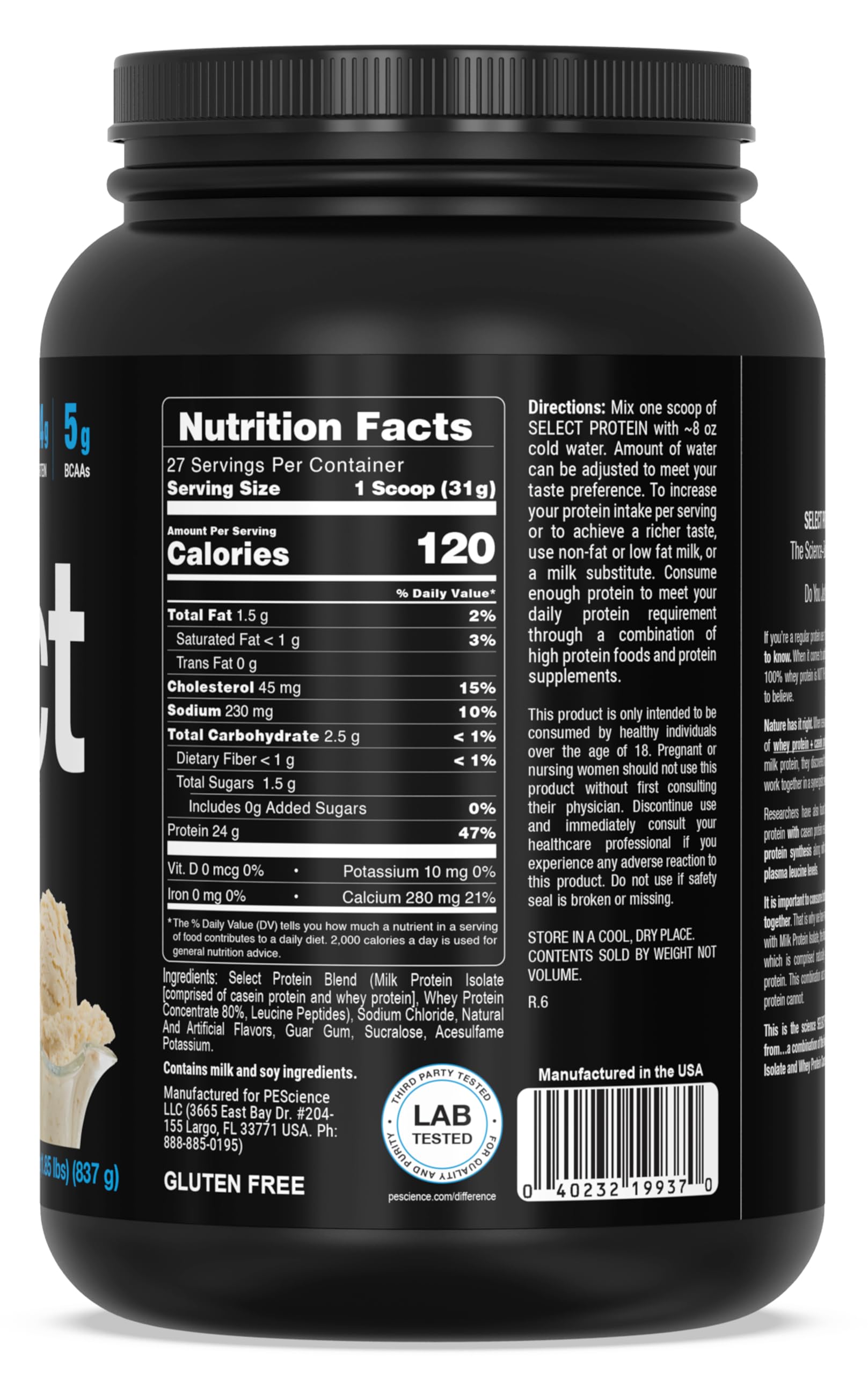 PEScience Select Protein shaker with vanilla shake, supports low-carb lifestyle.