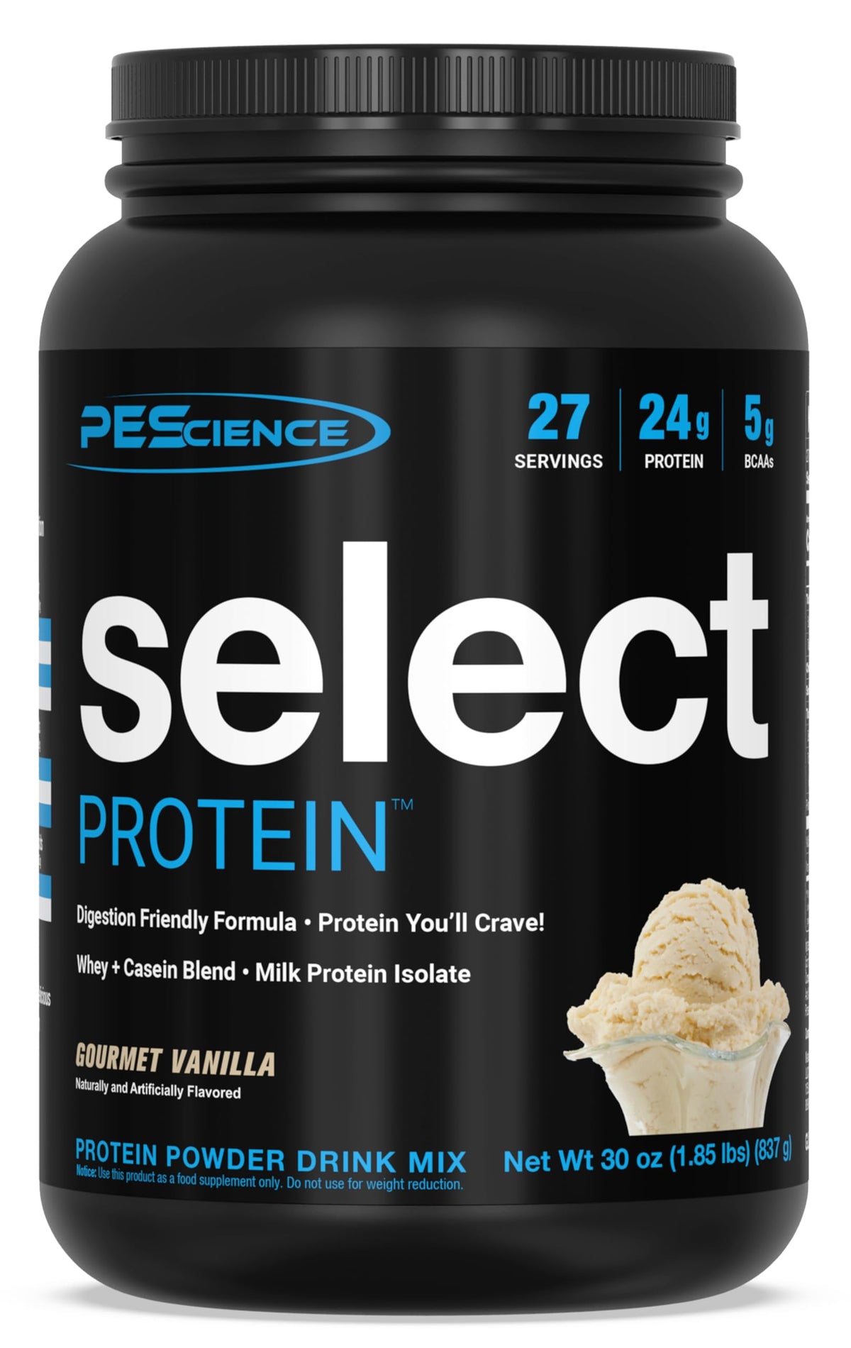 PEScience Select Protein Vanilla bottle close-up, gourmet flavor enhances lean shakes.