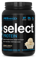 PEScience Select Protein Vanilla bottle close-up, gourmet flavor enhances lean shakes.