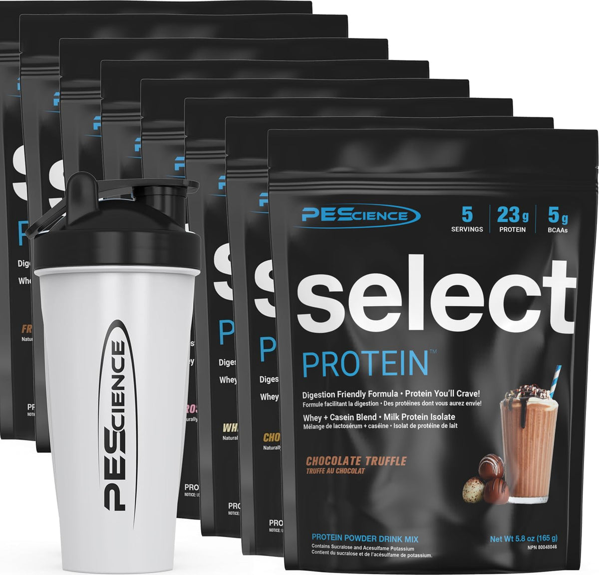 PEScience Select Protein Variety Pack front view shows eight flavors for daily variety.