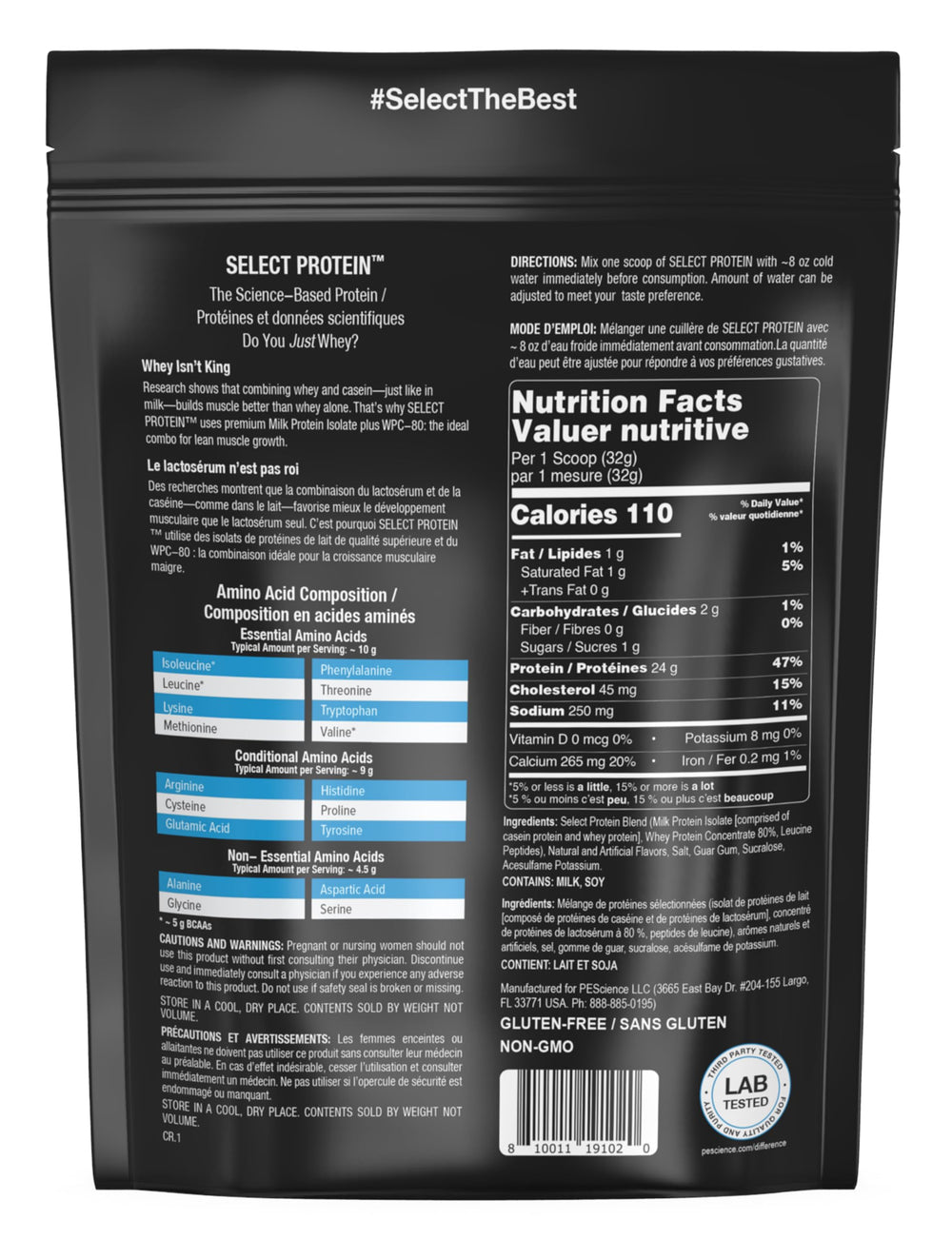 PEScience Select Protein whey and casein blend is highlighted as a digestible protein option.