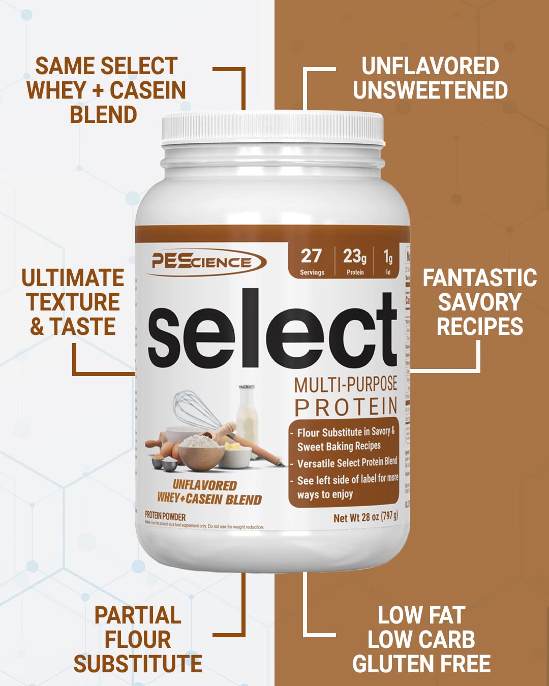 PEScience Select unflavored powder scoop showing baking potential and texture