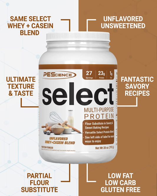 PEScience Select unflavored powder scoop showing baking potential and texture