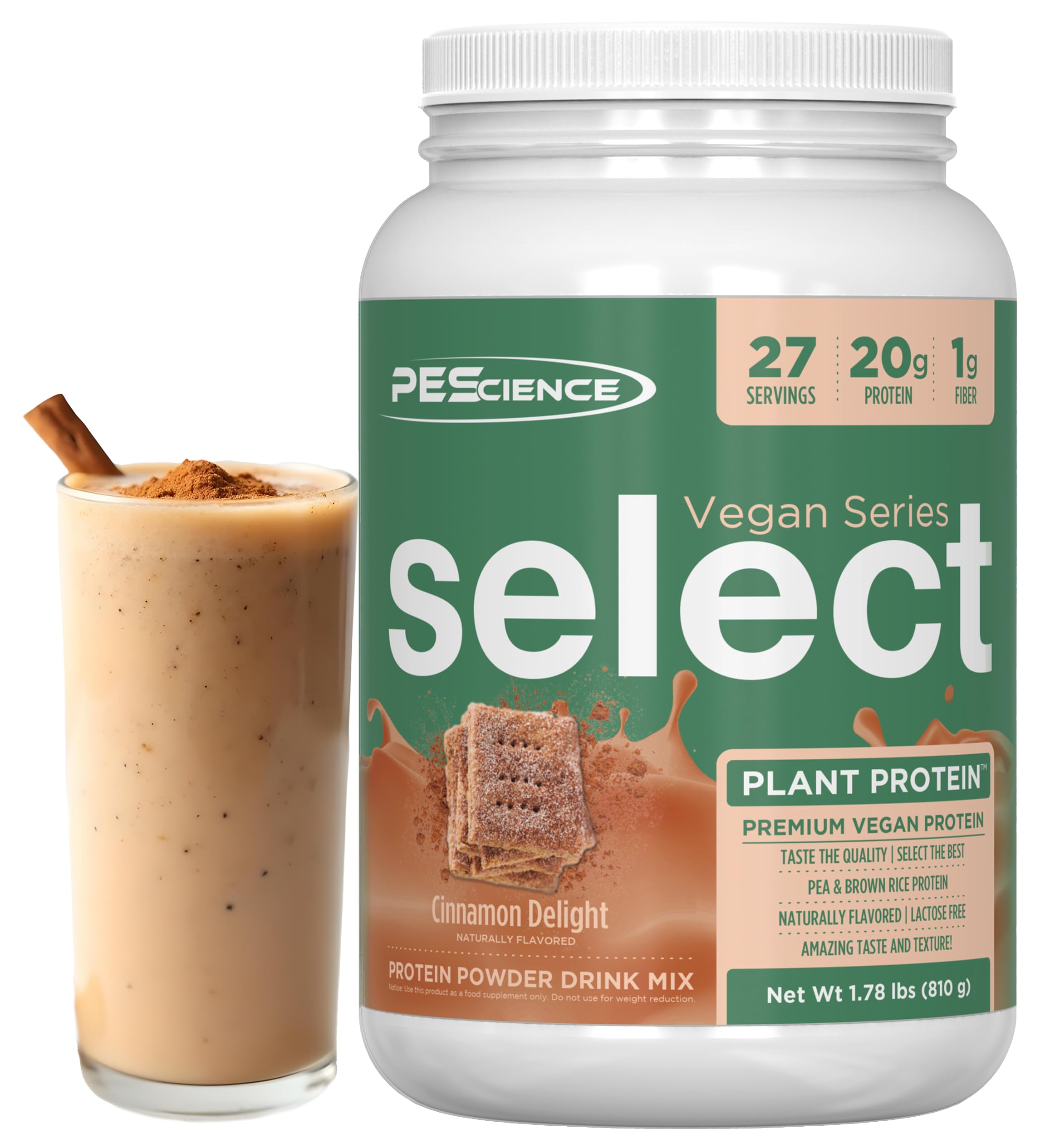 PEScience Select Vegan Cinnamon Delight bottle pour shows smooth, dairy-free protein
