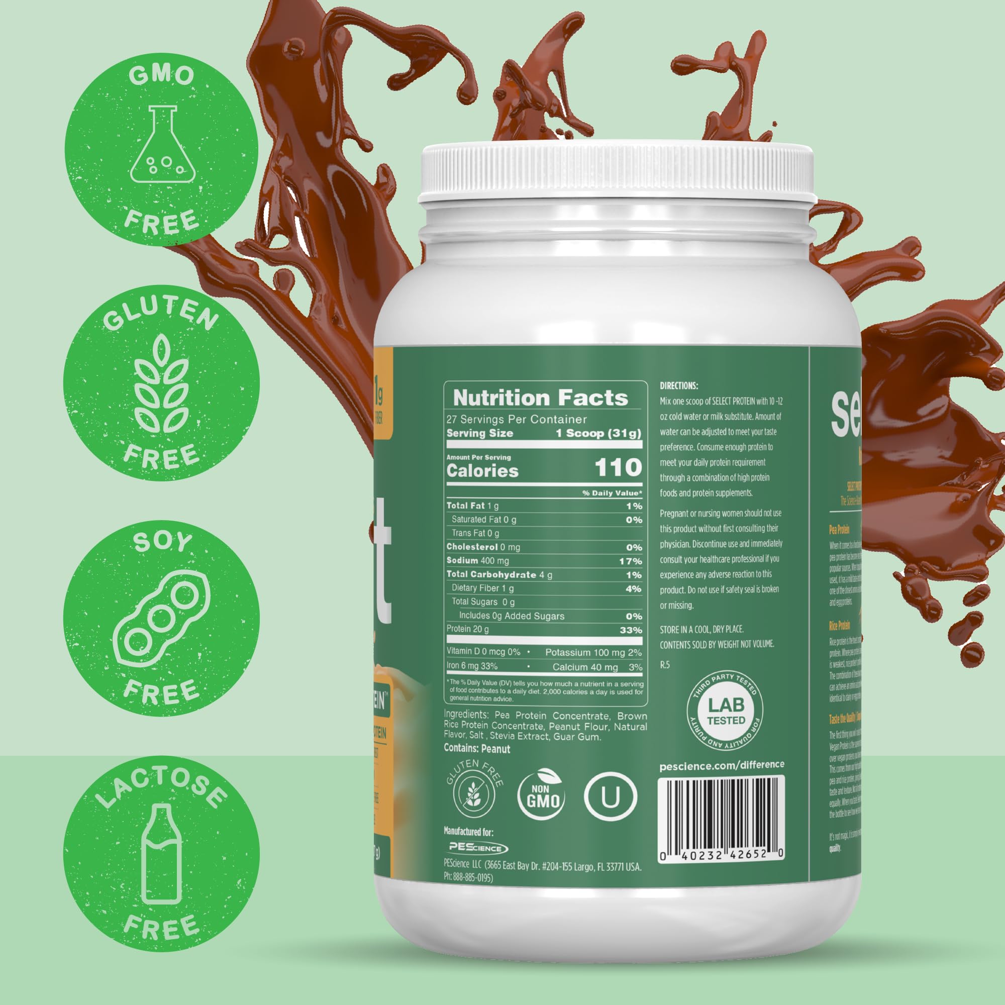 PEScience Select Vegan powder on countertop with blender for versatile shakes