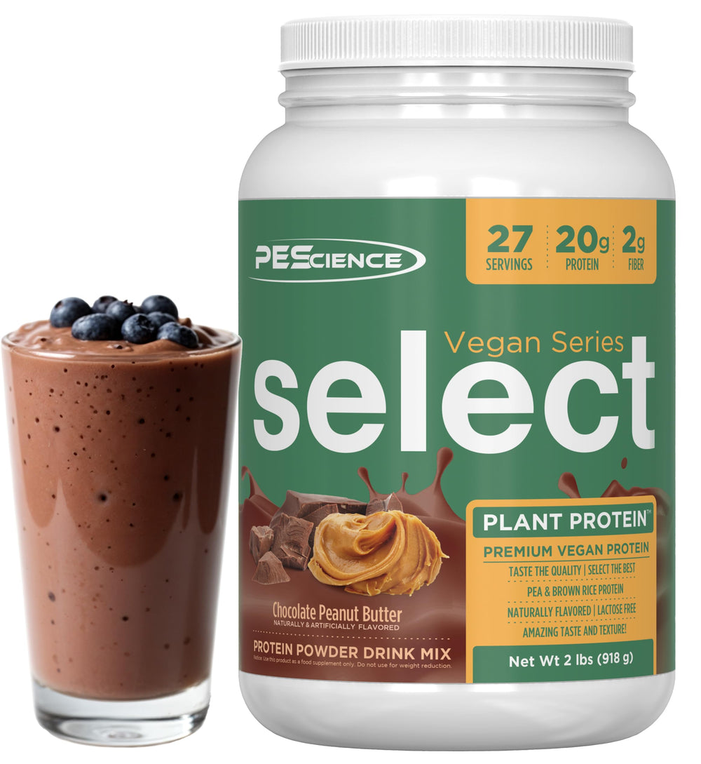 PEScience Select Vegan protein powder scoop in chocolate peanut butter for a creamy protein boost