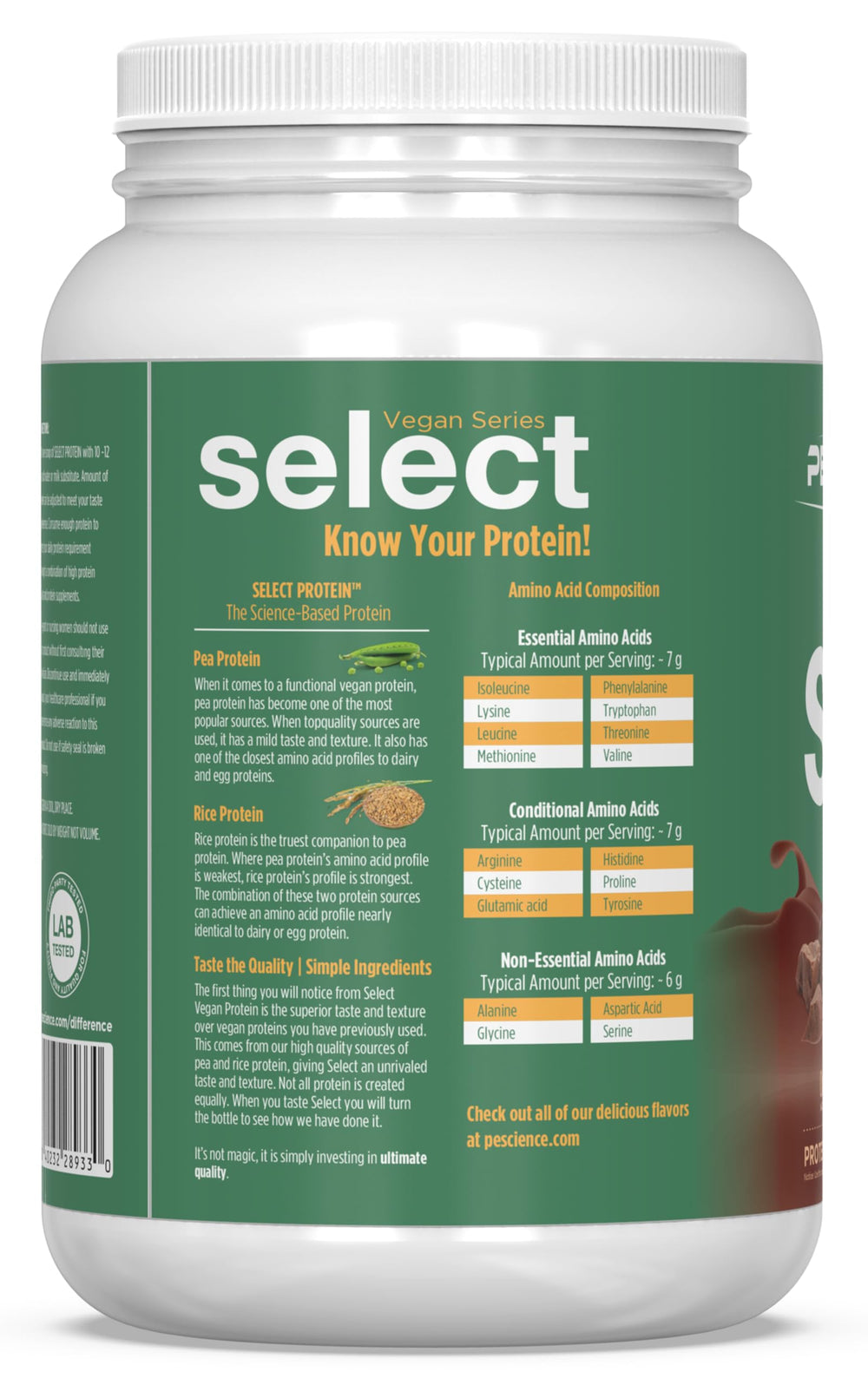 PEScience Select Vegan label close-up, highlighting gluten-free and dairy-free features