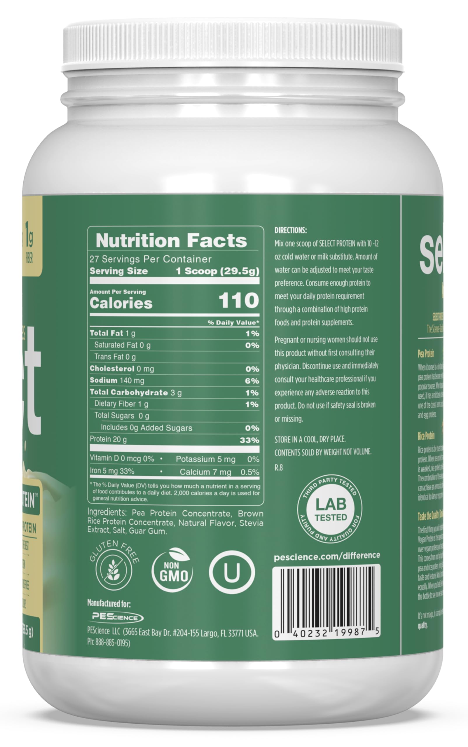 PEScience Select Vegan Vanilla Indulgence ingredients matrix shows pea and brown rice blend