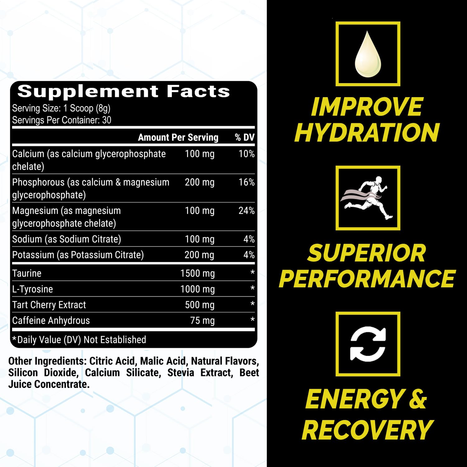 PEScience Versalyte Charged caffeine boost graphic shows smooth energy without jitters.