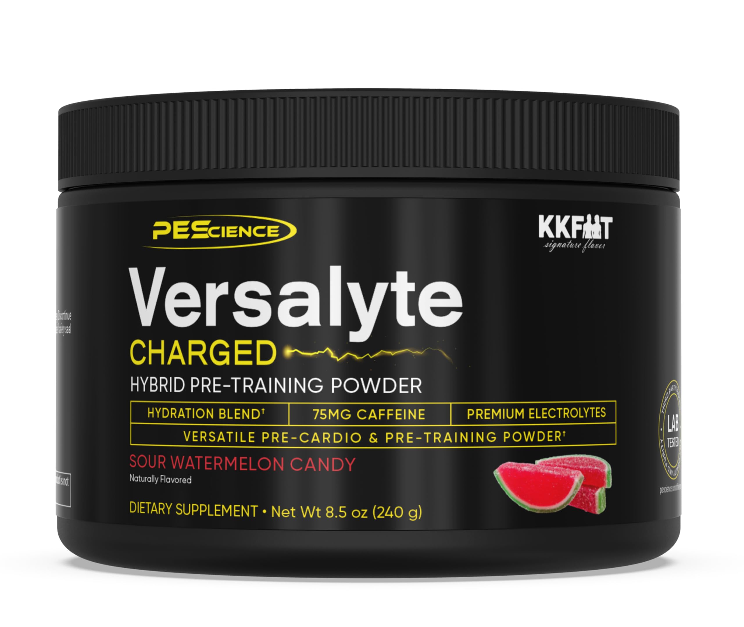 PEScience Versalyte Charged tub label highlighting hydration electrolytes for workouts.