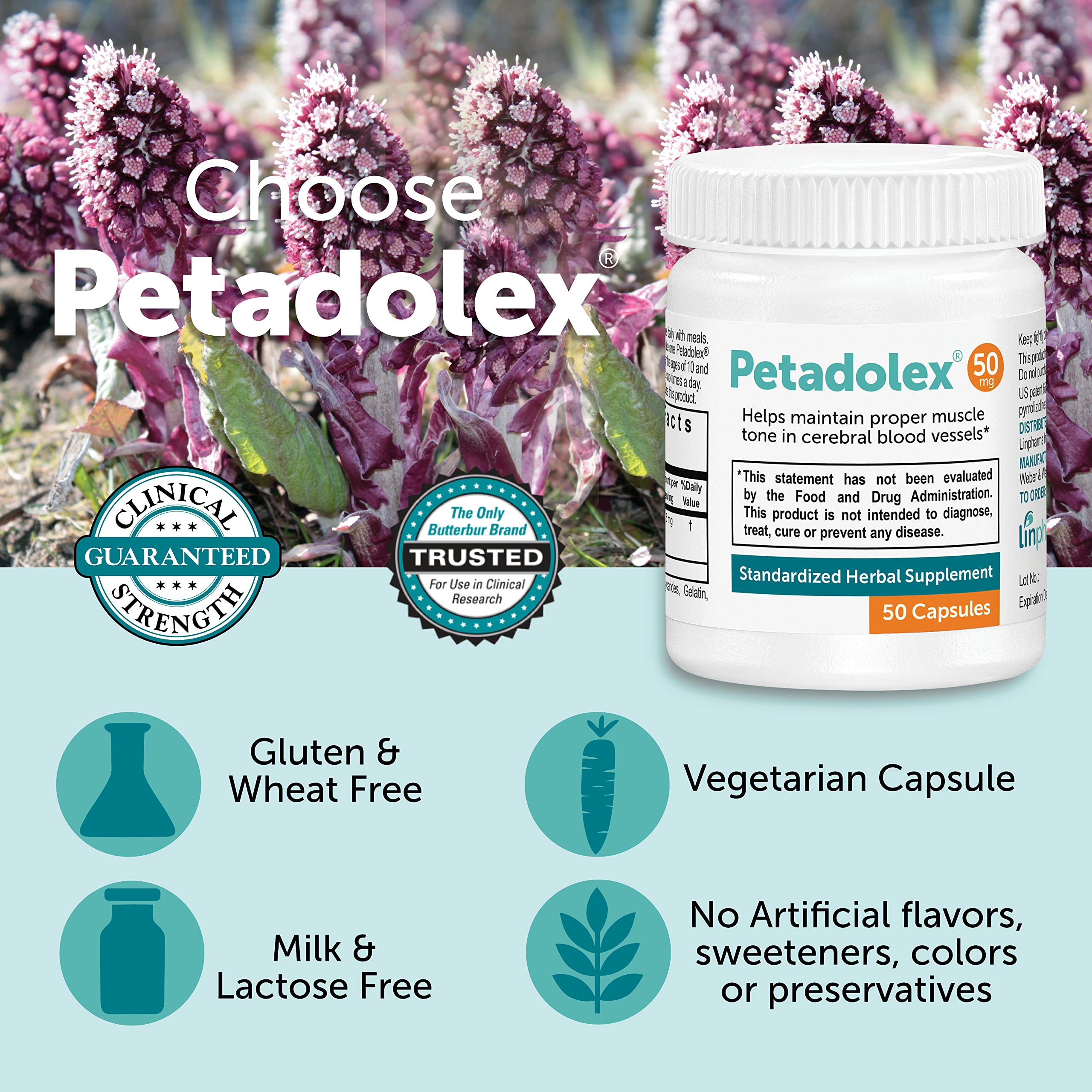 Petadolex bottle with PA-Free label signaling safety features