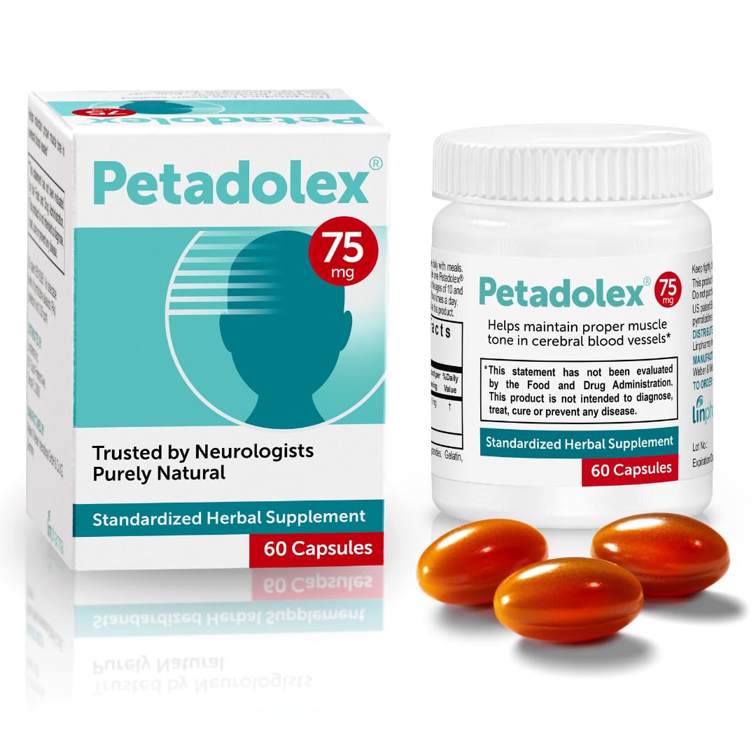 Petadolex butterbur capsules close-up showing 75 mg per capsule for migraine support