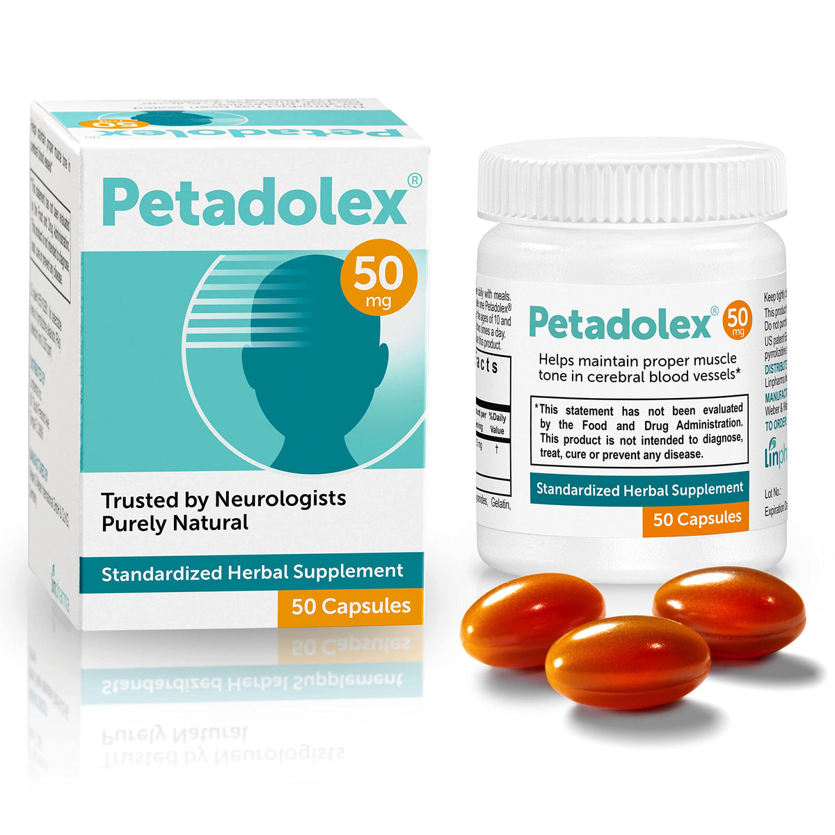 Petadolex Linpharma 50mg bottle showing PA-free butterbur for daily use